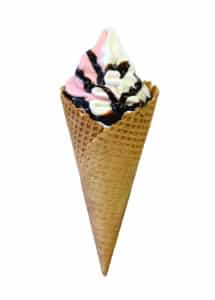 Strawberry-and-Vanilla-Frozen-Yogurt-in-a-Cone-Drizzled-with-Chocolate-Sauce