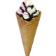 Strawberry-and-Vanilla-Frozen-Yogurt-in-a-Cone-Drizzled-with-Chocolate-Sauce